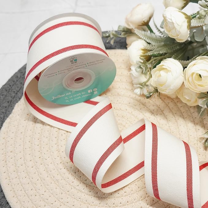 CT CRAFT LLC Ivory Cotton Red Stripes Ribbon 2" x 10 Yards - Image 7