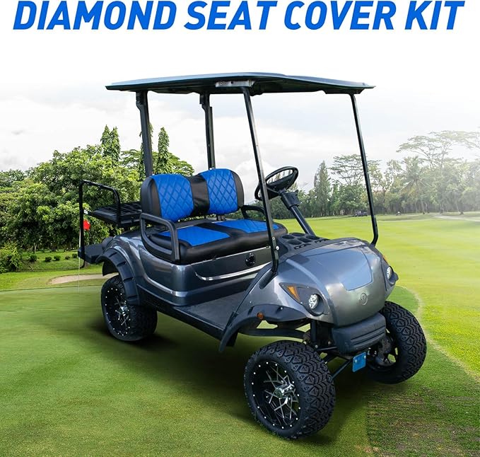 NOKINS Golf Cart Diamond Seat Covers Kit, Fit for Yamaha Drive/Drive 2 OEM Standard Front Seat Cushion, Golf Cart Vinyl Seat Cover, No Nails Required (Blue and Black)