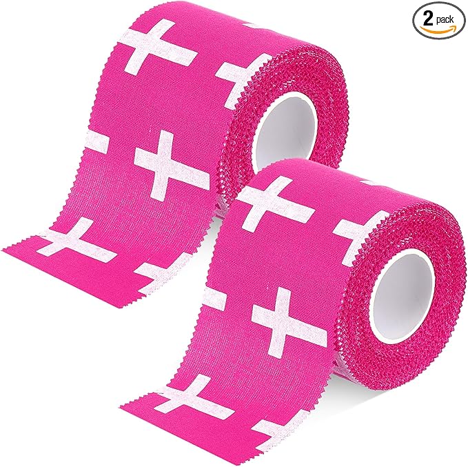 TrelaCo 2 Pcs Wrist Tape Baseball Cross Athletic 2in x 23ft Cotton Cross Wrist Tape Serrated Edges for Fingers Ankles Injury Wrap, Football Baseball Hockey Soccer (Rose Red with White)