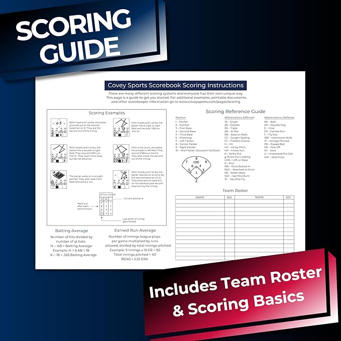 Covey Sports Premium Baseball Scorebook with 50-Game Capacity - Side-by-Side Format for Tracking Both Teams on One Page - Softball Score Keeping Book with Pitch Count Tracker