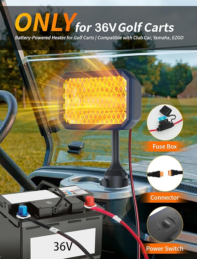 Electric Golf Cart Heater with Mid-Cable Quick-Disconnect, 400W Safe & Fast Silent Carbon Fiber Heating, Heater with 360° Rotatable Head, Compatible with Club Car/Yamaha/EZGO, Golf Cart Accessories