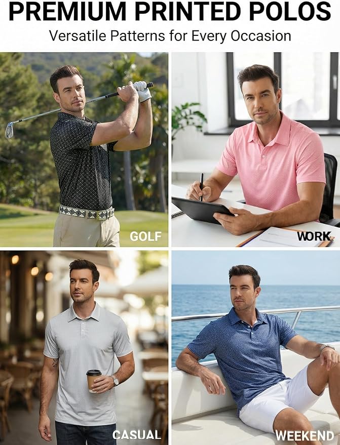 Men's Golf Polo Shirts Short Sleeve Moisture Wicking Dry Fit Performance Print Patterns Collared Polo Shirt