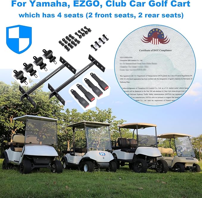 4 Passenger Golf Cart Seat Belt Bracket Kit Universal for Yamaha, EZGO, Club Car Golf Cart with 2+2 Flip Rear Seat, Retractable Seatbelts Max Length 42 Inches
