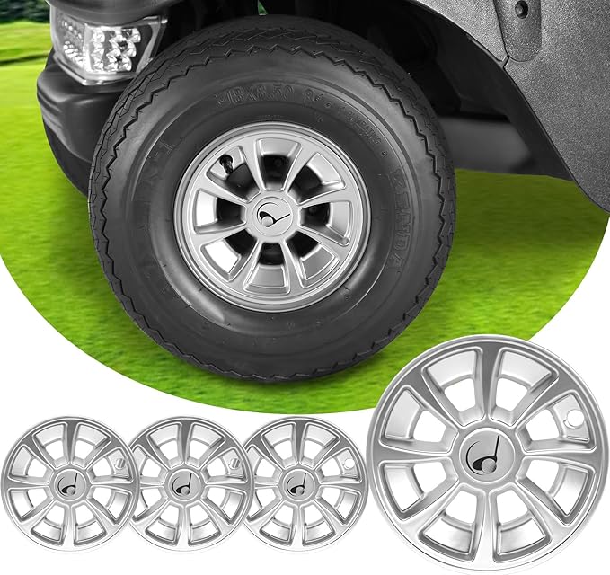 8 Inch Golf Cart Hub Caps Set of 4, Universal Fit Metal Wheel Covers with Metal Clips for EZGO Club Car Yamaha, Rustproof Wheel Hubcaps Replacement Golf Cart Accessories (Silver)