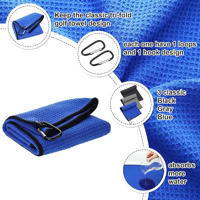 Batiyeer Golf Towel Bulk for Golf Bags 16'' x 16'' Microfiber Fabric Towel with Clip Waffle Pattern, Fitness, Camping, Hiking, Yoga
