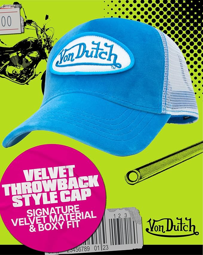 Von Dutch Unisex Trucker Hat - Velvet Curved Bill Mesh Back Retro Classic Adjustable Snapback Baseball Cap for Men and Women