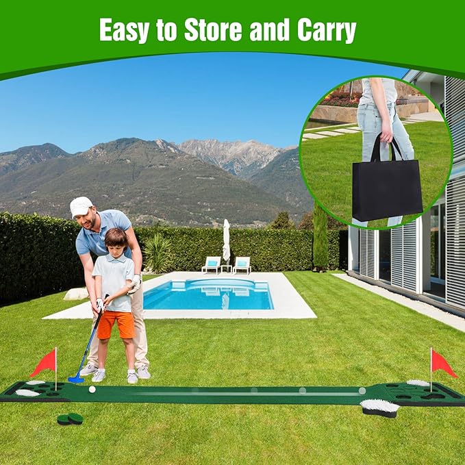 Golf Putting Game Set, Detachable Golf Putting Green Mat with 4 Balls, 2 Cups & Flags, 1 Portable Bag for Indoor & Outdoor Party Game Use