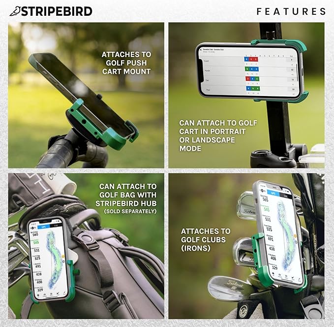 Stripebird - Magnetic Golf Cart Phone Holder - US Patented, Neodymium N52 Magnets - Golf Cart Phone Mount for iPhone & Samsung - Slim Golf Caddy Accessories for Men & Women