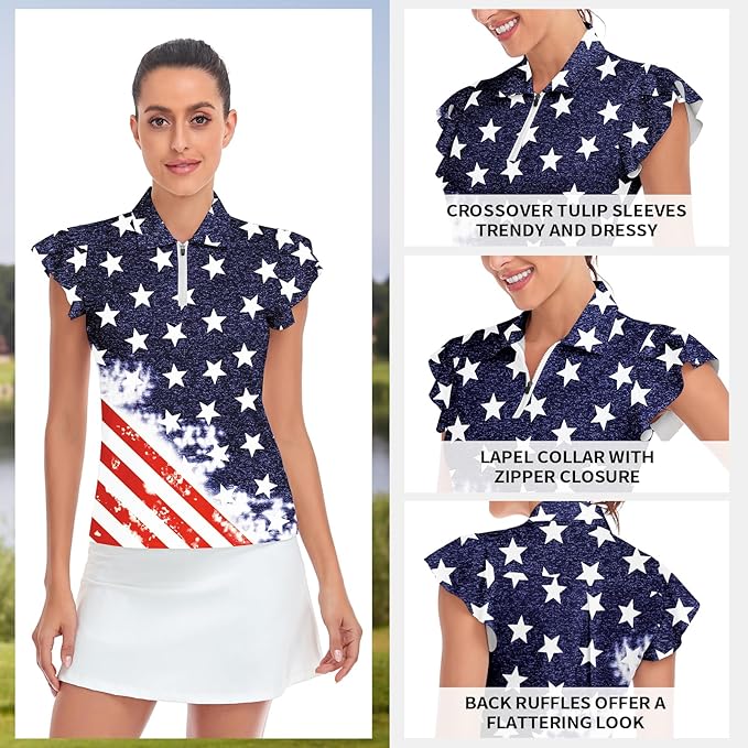 Soneven Womens Petal Sleeve Golf Shirts Moisture Wicking Lady Golf Apparel Print Tennis Sport T Shirt