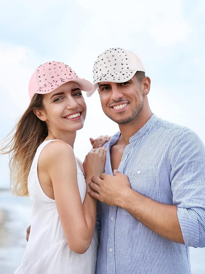 Loopeer 2 Pcs Adjustable Breathable Rhinestone Baseball Cap for Women Men Sequins Casual Sports Cap Rhinestone Hat