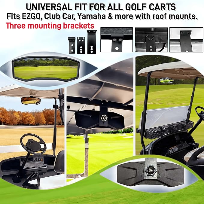 Golf Cart Rear View Mirror - Universal Racing Style Mirror with 3 Installation Kits & 360° Adjustable Ball Joint, Wide-Angle Clear HD Glass, Fits EZGO, Yamaha, Club Car, EPIC Golf Carts