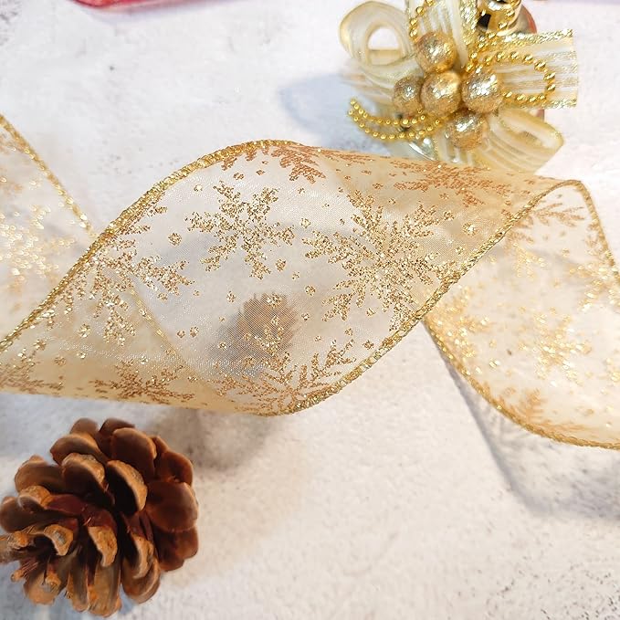 CT CRAFT LLC Organza with Gold Glitter Snowflakes Wired Ribbon 2.5 inch x 50 - Image 6