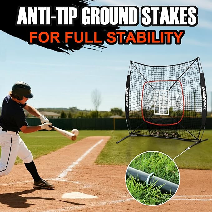 BaseGoal 6'×6' Baseball Softball Practice Net,Baseball Backstop,with Batting Tee,Ball Caddy,for Hitting Pitching Batting Catching with Bow Frame,Bonus Strike Zone,Target,Portable and Foldable