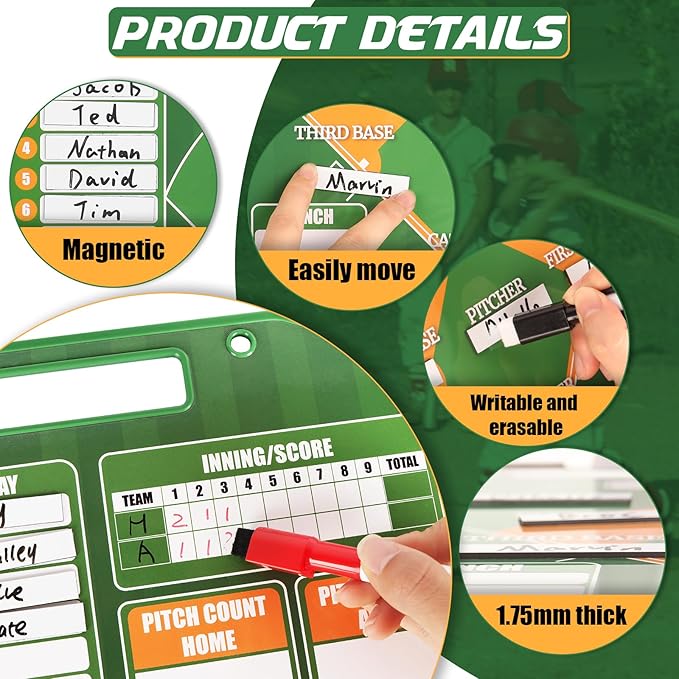 Magnetic Baseball Coach Clipboard, Dry Erase Lineup Board, Premium Tactical Baseball Coaching Board with 40 Lineup Cards, Dugout Display Softball Coaching Accessories - Green