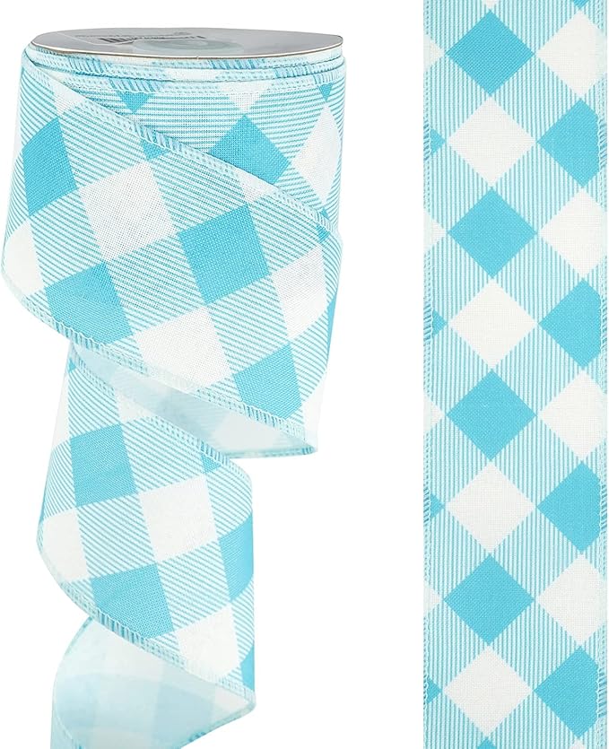 MEEDEE Blue and White Check Ribbon Christmas Wired Ribbon Blue White Burlap - Image 8