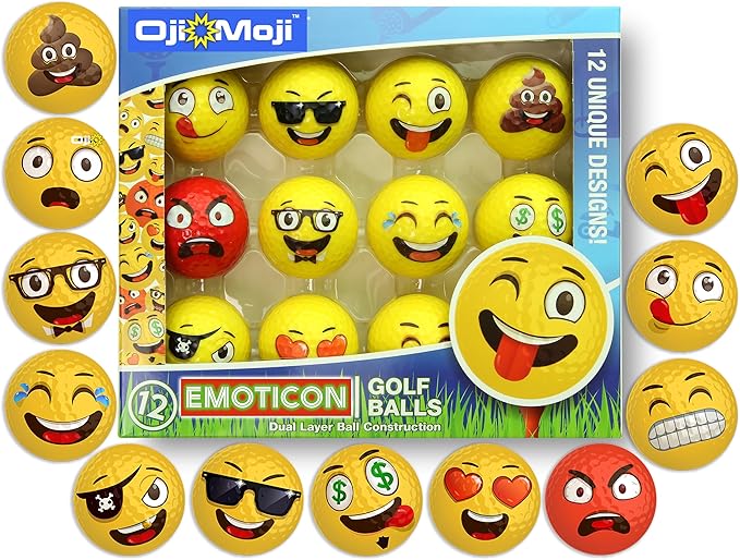 Oji Moji Premium Emoticon Golf Balls - Unique Professional 12-Pack - Novelty Golf Gift for All Golfers, Men, Dads, Women and Kids
