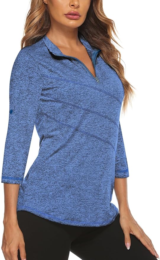 Koscacy Women's 3/4 Roll Sleeve Golf Tennis Polo Shirts UPF50+ Half Zip Dry Fit Workout Tops Athletic Shirt
