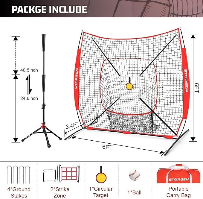 Storgem 6'X6' Baseball Softball Practice Net, Portable Baseball Net for Batting, Hitting, Pitching and Fielding, Carry Bag, Strike Zone and Batting Tee, Great for Kids Adult Youth