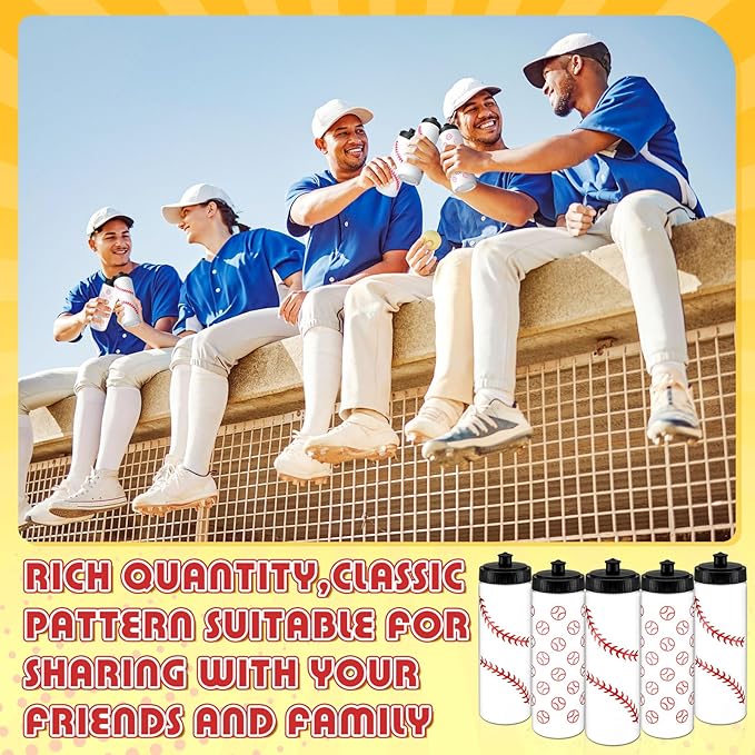 24 Pcs Baseball Party Favors Team Gifts Set 12 Baseball Water Bottle 12 Baseballs Drawstring Bags and 50 Sticker 20 Oz Reusable Squeeze Bottle Bulk Goodies Bag for Party Supplies Sport Event Bike