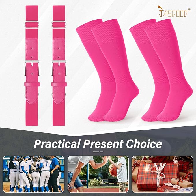 JASGOOD 2 Pack Baseball Socks and Belt Combo Set Softball Socks and Belts Elastic Waist Belt for Youth and Adult Boys