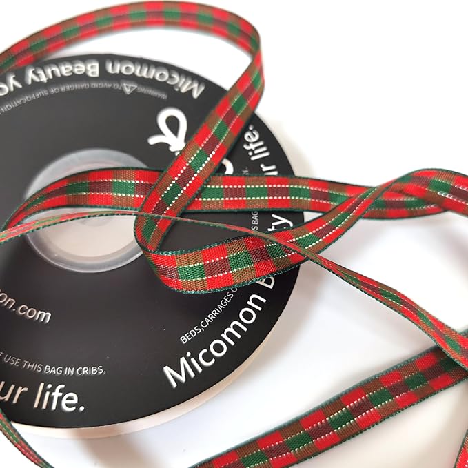 Micomon X'Mas Gingham Ribbon Green Red Metallic Gingham Ribbon 25 Yards Each - Image 6