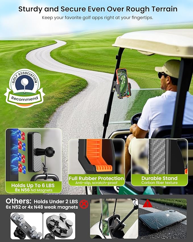 Magnetic Golf Cart Phone Holder Mount- Holds Up to 6 LBS, 3s Phone Clip Install,Phone Caddy for iPhone Galaxy Fits EZGO Club Car Yamaha Icon,Golf Cart Accessories Essentials Gift