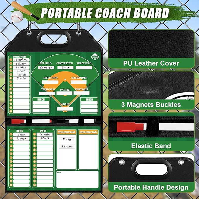 Magnetic Baseball Lineup Board for Dugout | Leather Cover, Foldable Coaching Board for Baseball & Softball with Carry Handle, Includes 40 Lineup Cards,Scoreboard, 2 Markers, Eraser, 4 Carabiners & Bag
