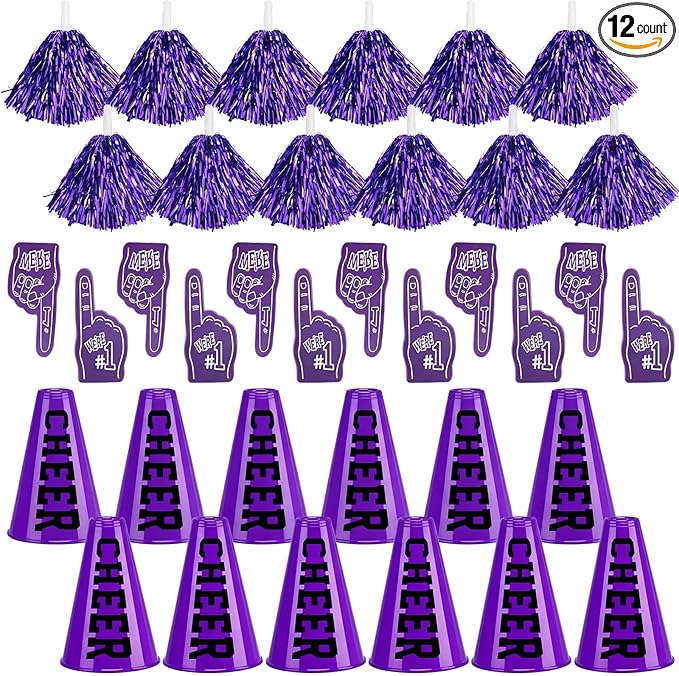 12 Set Team Spirit Accessories for Cheerleading Cheer Megaphone Pom Poms and We're #1 Fan Foam Finger Cheerleader Gifts for Sports Events Football Baseball Cheering Supplies