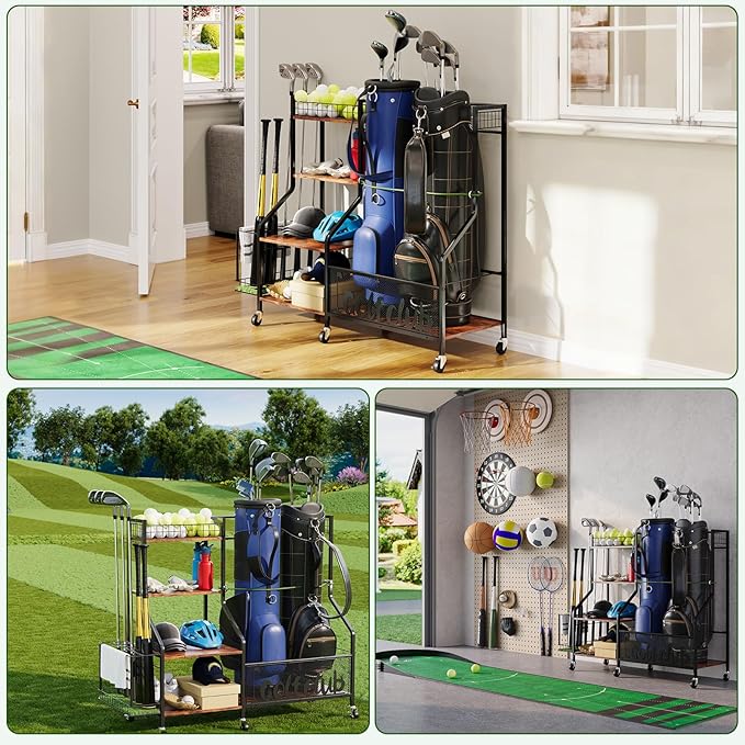 HavenlyYouth Garage Golf Bag Storage Organizer with Wheels, Heavy Duty Golf Club Rack for 2 Bags, Golf Balls & Accessories, Extra Sports Equipment Rack