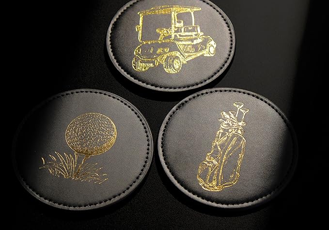 NOBLESIP® Golf Theme Coaster Set of 6 with Holder, Premium Black with Gold Designs, Bar Accessories for Golf Enthusiasts. Unique Decorative Designs. Home bar Gift, Golfer Gift