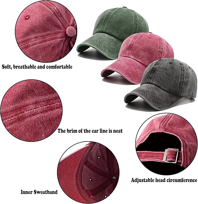 3 Pack Washed Plain Vintage Baseball Cap Cotton Adjustable Twill Bulk Low Profile Classic Dad Hat for Men/Women