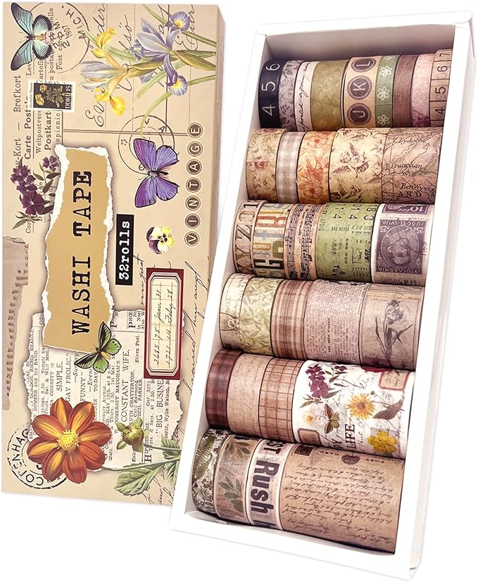 32 Rolls Vintage Washi Tape, Aesthetic Colored Decorative Cute Scrapbook Tape by Bomichi