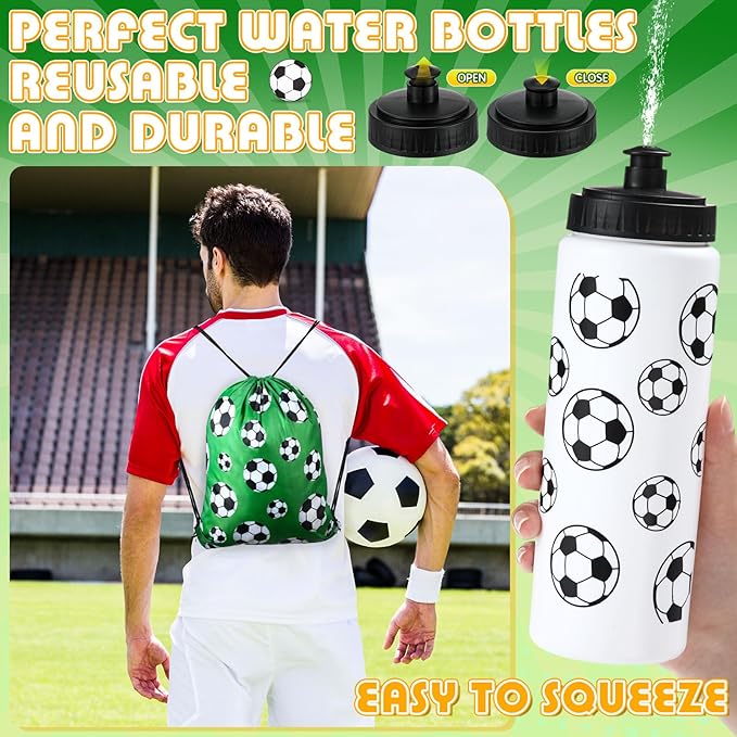 12 Pcs Soccer Water Bottles Soccer Drawstring Bag Set with 50 Sticker Soccer Party Favors 6 Reusable Sports Squeeze Water Bottles 20oz 6 Soccer Goodie Gift Bag for Soccer Team Gifts Players Lovers Gym