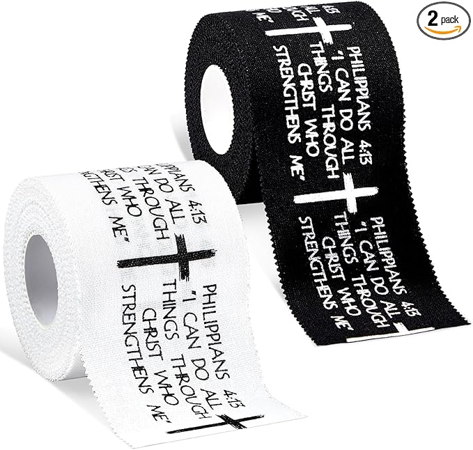 2Pcs Christian Athletic Tape 2in x 23ft Faith Cross Bible Verse Sports Tape Religious Cotton Zinc Oxide Wristbands Jesus Wrist Tapes for Football Baseball Athlete Gymnastics First Aid Injury Wrap