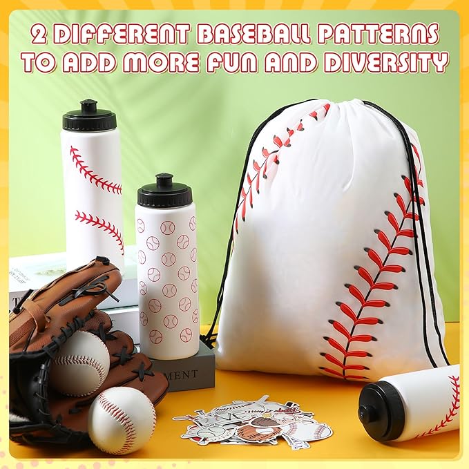 12 Pcs Baseball Party Favors Team Gifts Set 6 Baseball Water Bottle 6 Baseballs Drawstring Bag and 50 Sticker 20 Oz Reusable Squeeze Bottle Bulk Goodie Bag for Party Supplies Gift Sport Event Bike