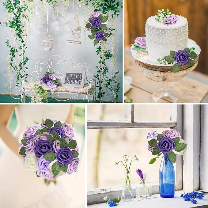 AmyHomie Artificial Flower Seriesc Purple Rose 25pcs Real Looking Fake Roses - Image 5