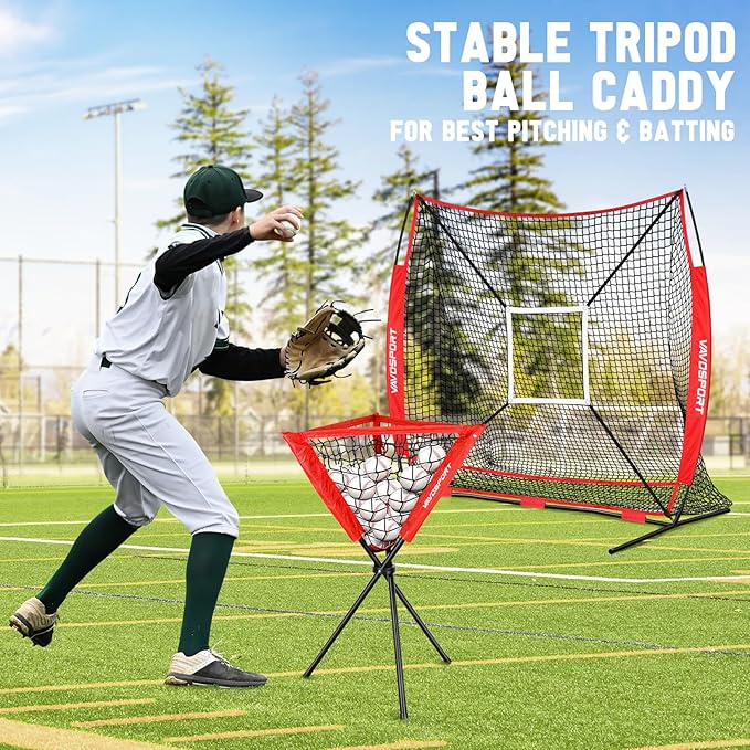 7x7' Baseball & Softball Net for Batting Pitching Hitting - Large Ball Collection System, Portable Baseball Training Equipment with Strike Zone, Tee, Ball Caddy, for Adult Sport,Youth Practice