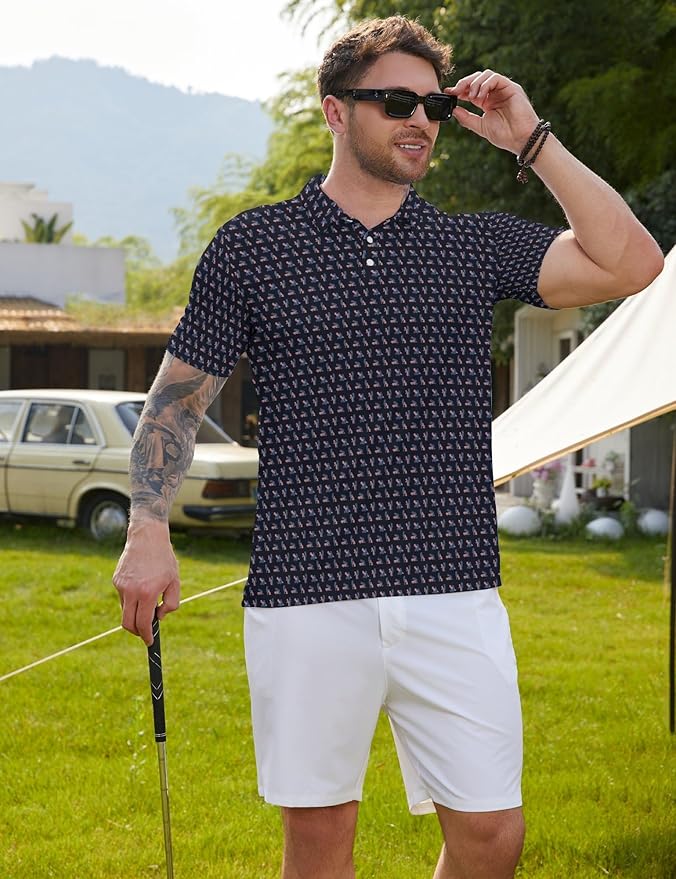 HUURAY Funny Golf Polos for Men Funny Print Short Sleeve Shirts Quick Dry Polo Shirts Hawaiian Shirt Performance Golf Outfits