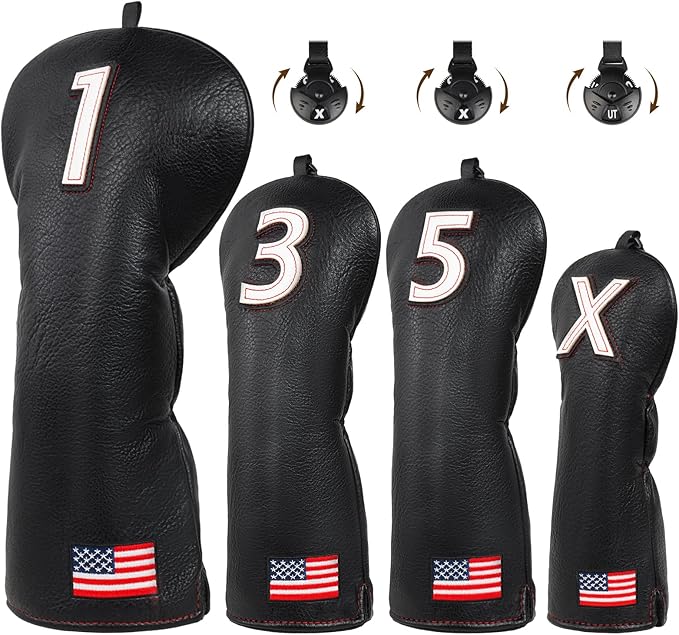 Golf Head Covers, US Flag Patriotism Golf Club Cover for Woods and Driver, Fairway, Hybrid - Premium Leather Golf Club Head Covers with Interchangeable Tags