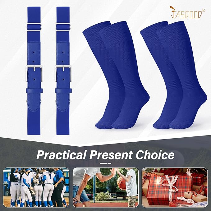 JASGOOD 2 Pack Baseball Socks and Belt Combo Set Softball Socks and Belts Elastic Waist Belt for Youth and Adult Boys