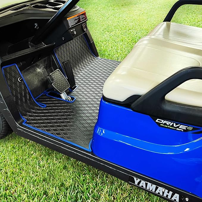 XTREME MATS Golf Cart Floor Mat Compatible with Yamaha Drive2, Full Coverage Golfcar Rubber Floor Liner - Compatible with Yamaha Drive2 EFI QuieTech (2017-2026) & UMAX Rally 4x4 - Black with Blue Trim