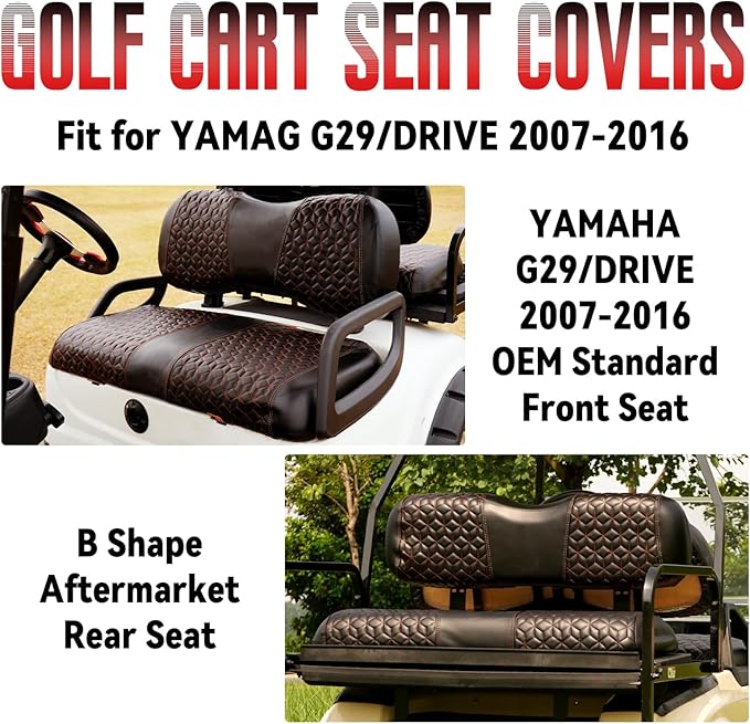 Golf Cart Seat Covers Front and Rear for Yamaha G29/Drive/Drive 2 2007+ Standard Seat Cushion, EZGO Vinyl Leather Seat Cover Set Replacement Accessories, No Staples, Black(4 PCS)