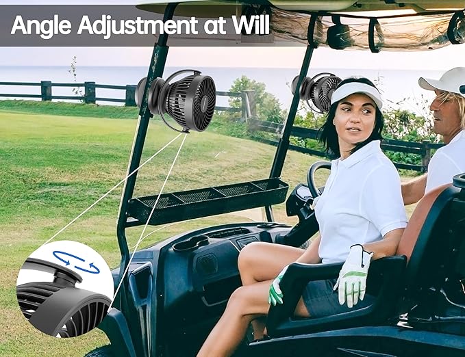 Golf Cart Rechargeable Fan Compatible with EZGO Club Car Yamaha, Golf Palyer Summer Essential 3 Powerful Speeds Clip on Fan with 360° Pivot, 13 Hrs Run Cordless, Battery Operated for Golf Cart