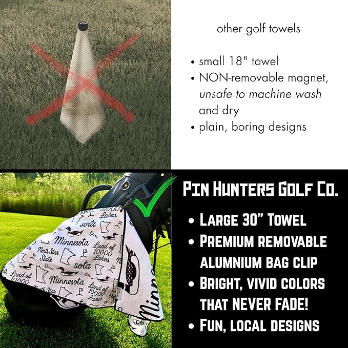 Pin Hunters Minnesota-Themed Microfiber Golf Towel | Premium Waffle Towel with Clip | Large 31"×15.5" Towel for Golf Bags | Accessories for Men | Fun Gift for Husband | USA Pride