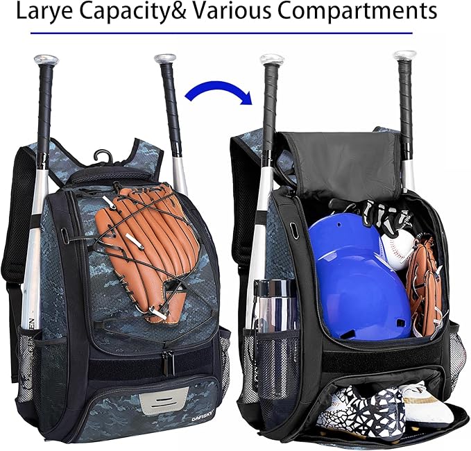 DAFISKY Baseball Bag Softball Backpack - Youth Adult T Ball Bat Equipment Bag with Bat Helmet Holders, Shoe Compartment