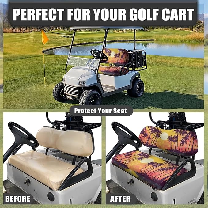 Bulopur Sunset Palm Tree Golf Cart Seat Covers Club Car Precedent Non-Slip Breathable Golf Car Cushion Cover and Backrest Cover 2 Pack