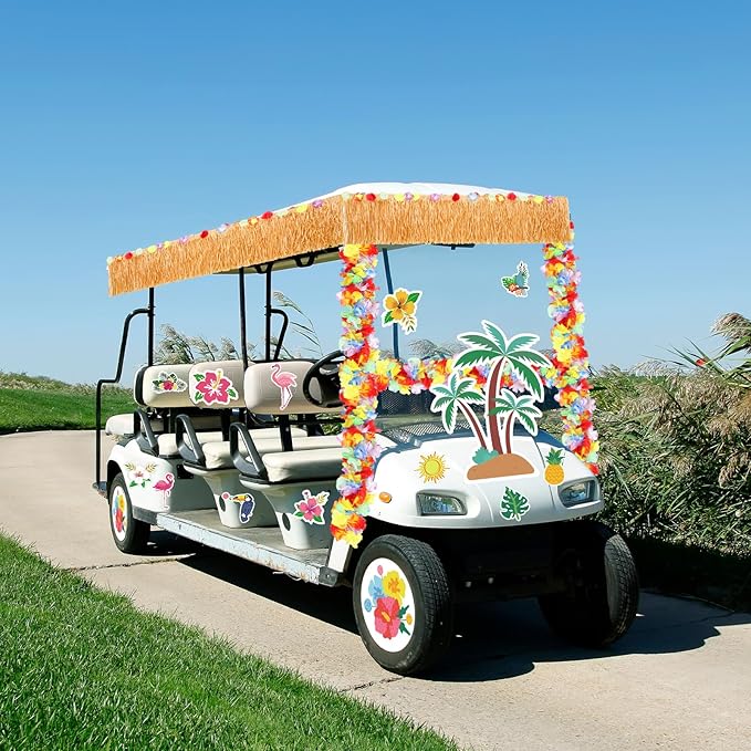 Zeyune 19 Pcs Summer Parade Golf Cart Decorations Kit Hawaiian Luau Grass Fringe Banner 19.7 ft Plastic Flower Lei Garland Summer Luau Stickers for Golf Cart Summer Theme Decorations