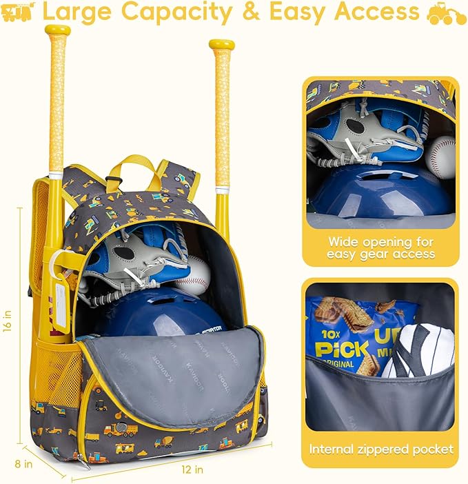 KAVIGOR Youth Tball Baseball Backpack, Lightweight Softball Bag with Shoes Compartment & Name Tag, Reinforced Zippers & Seams