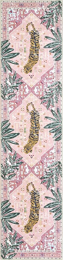 Oriental Tropical Hallway Runner Rug 2x8 Washable, Thin Stain Resistant Pink - Image 7