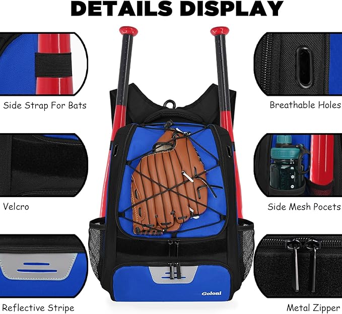 Goloni | Baseball Backpack,Baseball Bag for Adult,Softball Bat Bag with Shoes Compartment,Large Main Compartment for Helmet & accessories, Fence Hook